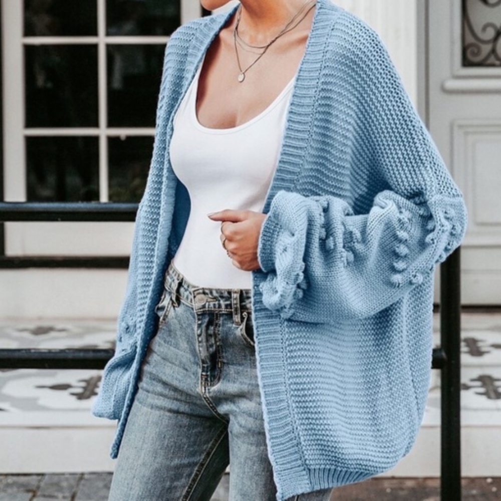 040 Cozy Blue Heart Pom Open Front Cardigan - Picture 7 of 7